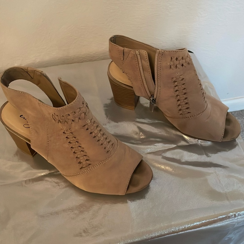 Tan peep toe suede heels, used